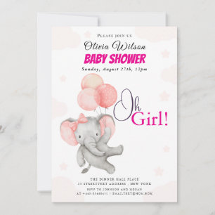 Invitación de Baby Shower Oh Girl Elefante