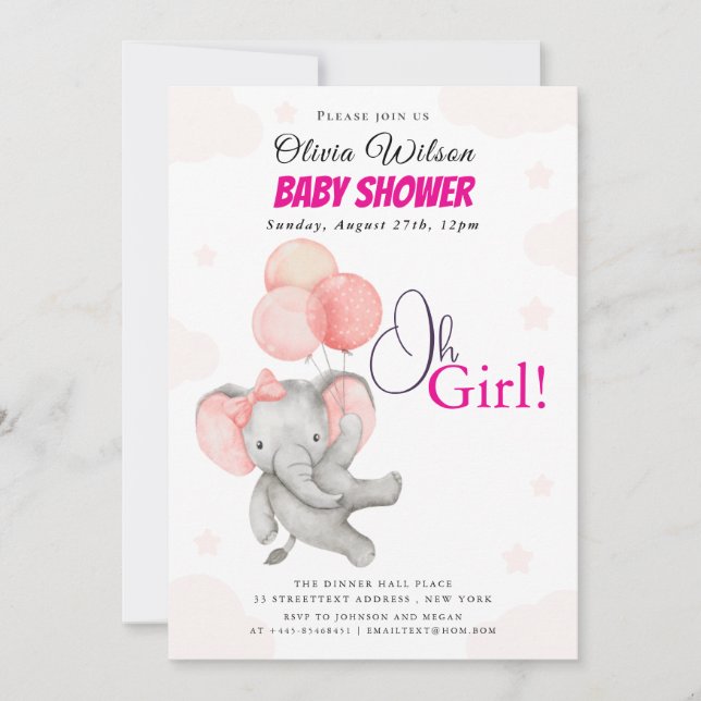 Invitación de Baby Shower Oh Girl Elefante (Anverso)