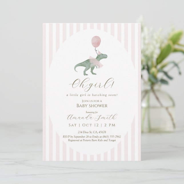 Invitación de Baby Shower Oh Niña Dinosaurio (Anverso de pie)