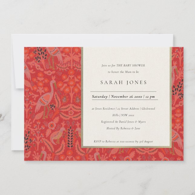 Invitación de Baby Shower Ornate Red Classy Flora  (Anverso)