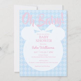 Invitación de Baby Shower Osito Azul Claro Rosa Oh