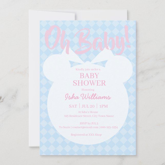 Invitación de Baby Shower Osito Azul Claro Rosa Oh (Anverso)