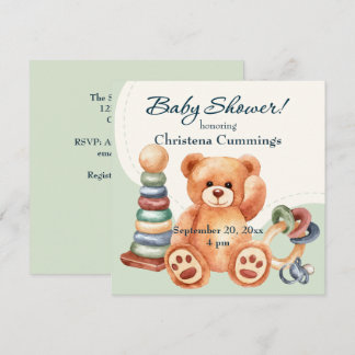 Invitación de Baby Shower Osito Clásico y Juguetes