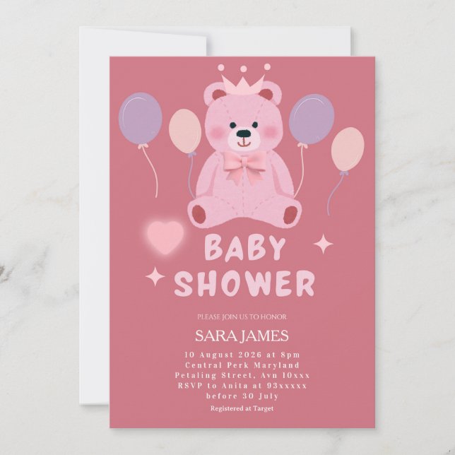 Invitación de Baby Shower Osito Teddy Dulce (Anverso)