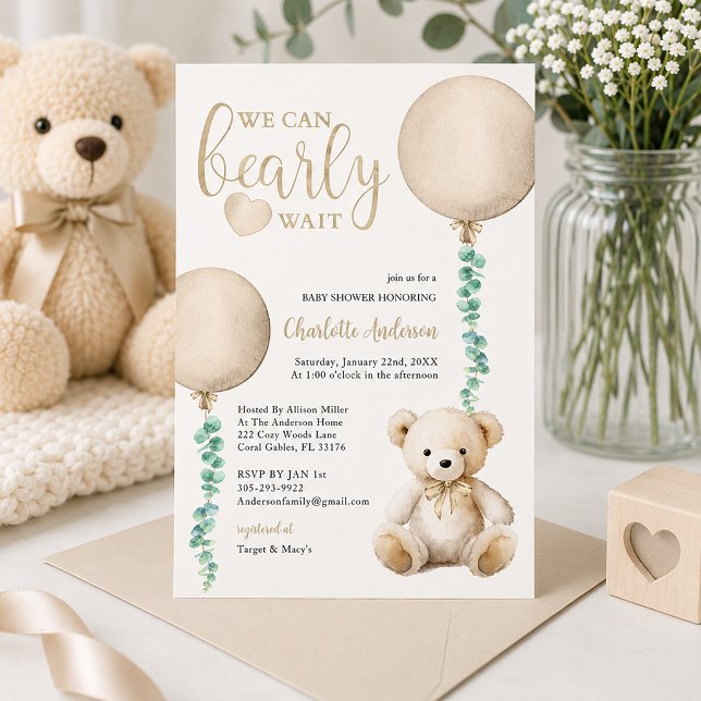 Invitación de Baby Shower 'Oso Pardo Casi Esperand (Baby shower invitation with soft elegance)
