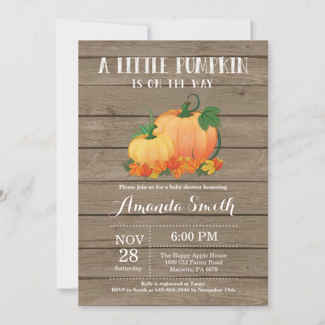 Invitación de Baby Shower Otoñal con Calabaza Rúst (Anverso)