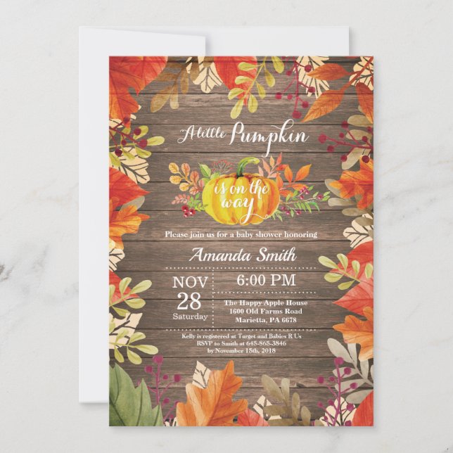 Invitación de Baby Shower Otoñal de Calabaza Rústi (Anverso)