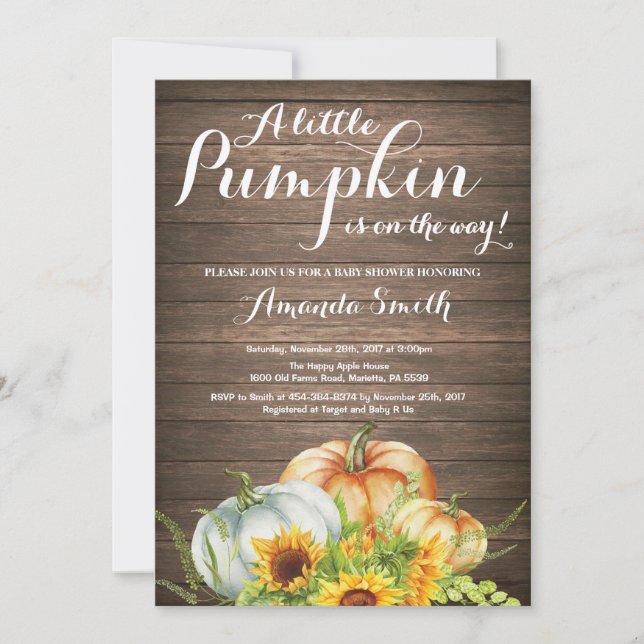 Invitación de Baby Shower Otoño Calabaza Rústica (Anverso)