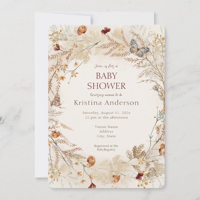 Invitación de Baby Shower Otoño Flor Silvestre (Anverso)