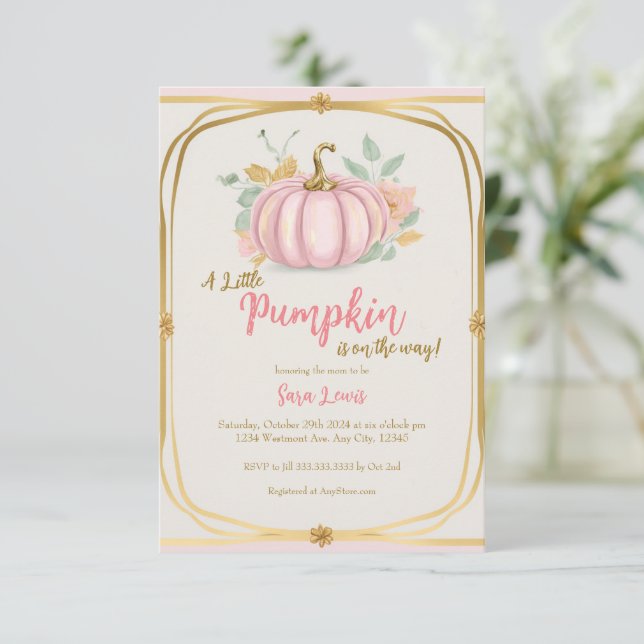 Invitación de baby shower Otoño Rosa y Calabaza (Anverso de pie)
