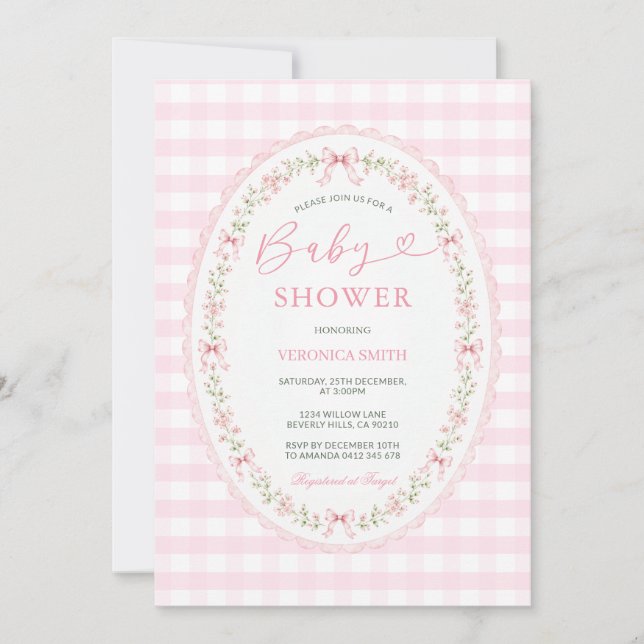 Invitación de baby shower ovalada con gingham rosa (Anverso)