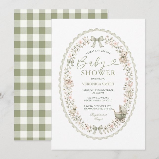 Invitación de baby shower ovalada en gingham verde (Anverso / Reverso)