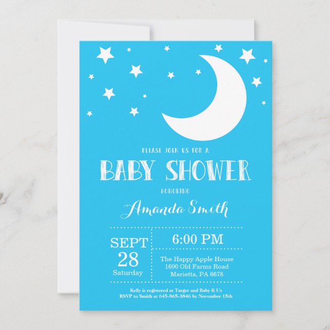 Invitación de Baby Shower Over the Moon Azul (Anverso)