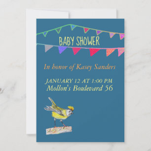 Invitación de baby shower Pájaro y Banderas Azul