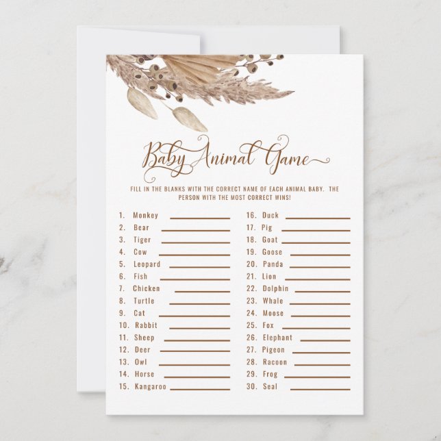 Invitación de Baby Shower Pampas Baby Animal Game  (Anverso)