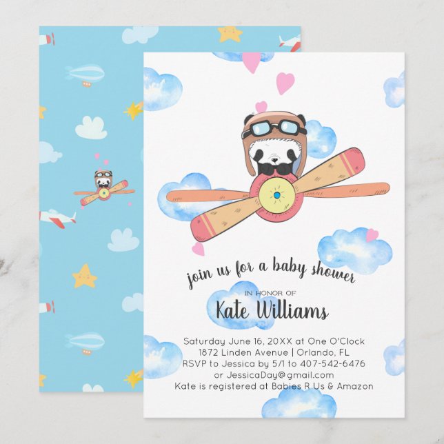 Invitación de Baby Shower Panda Piloto (Anverso / Reverso)