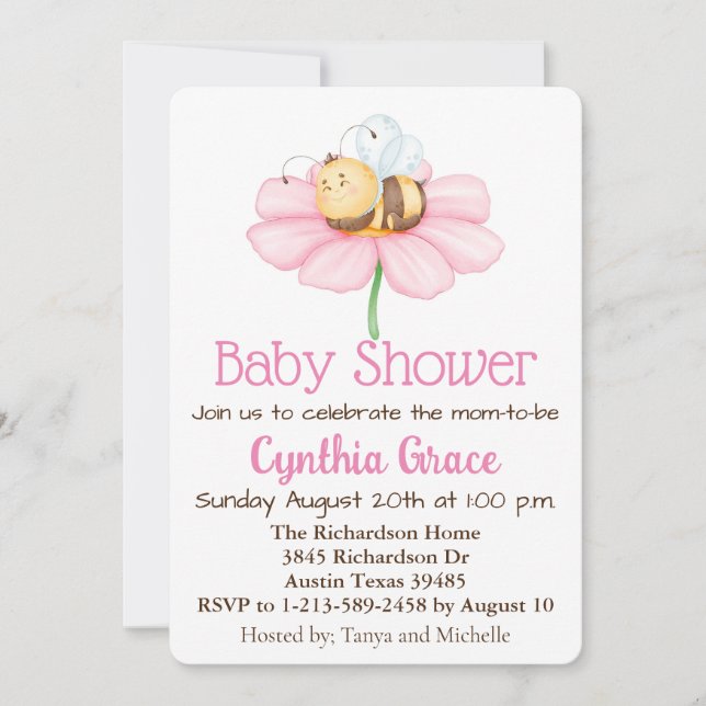 Invitación de Baby Shower para abejas y flores (Anverso)