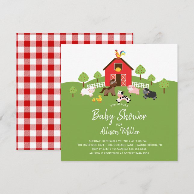 Invitación de Baby Shower para animales de granja  (Anverso / Reverso)