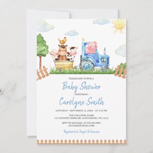 Invitación de Baby Shower para animales de granja  (Anverso)