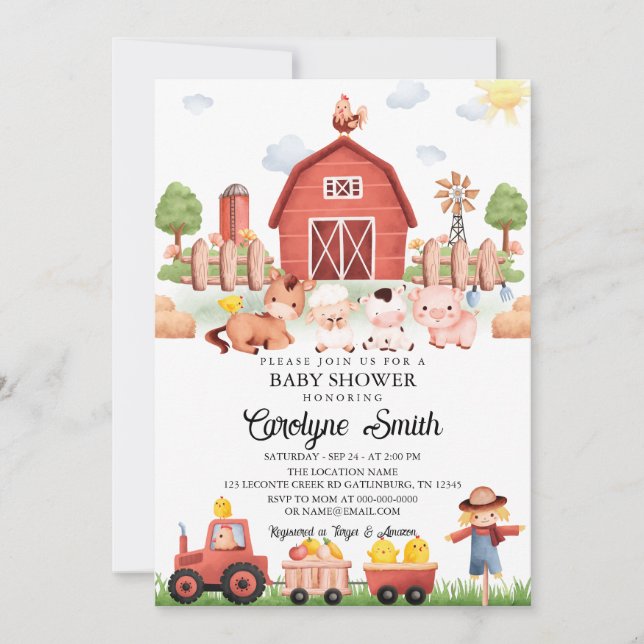Invitación de Baby Shower para animales de granja  (Anverso)