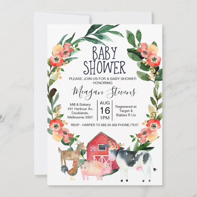 Invitación de Baby Shower para animales de granja  (Anverso)