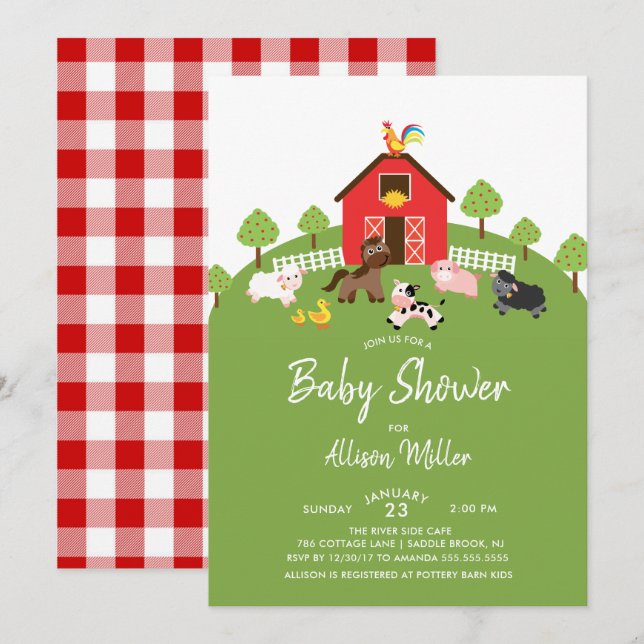 Invitación de Baby Shower para animales de granja  (Anverso / Reverso)
