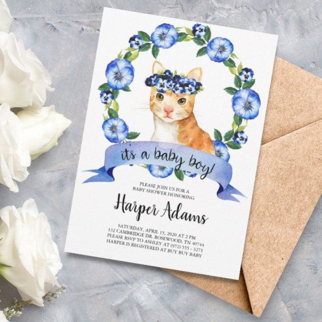 Invitación de Baby Shower para bebé de gato floral (Subido por el creador)