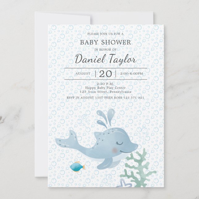 Invitación de Baby Shower para bebé delfín acuarel (Anverso)