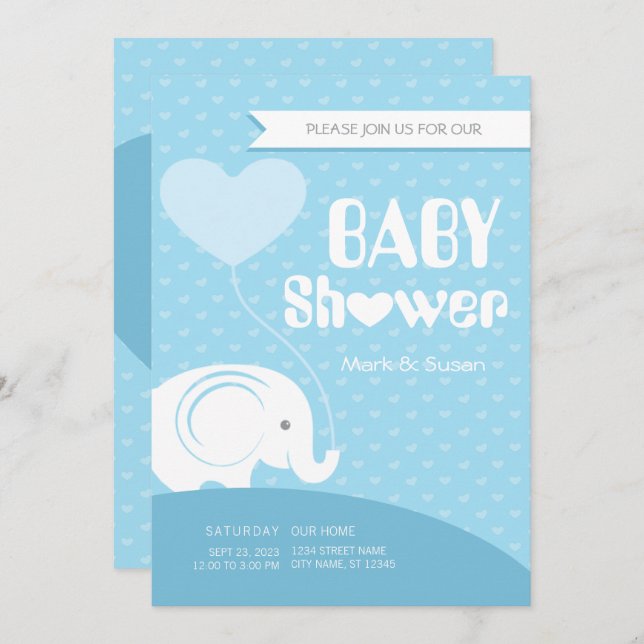 Invitación de Baby Shower para bebé elefante (Anverso / Reverso)