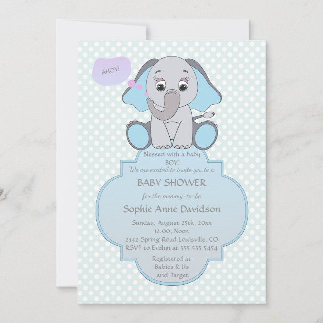 Invitación de Baby Shower para bebé elefante bebé  (Anverso)
