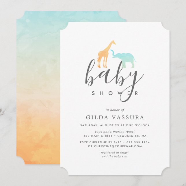 Invitación de Baby Shower para bebé jirafa y elefa (Anverso / Reverso)