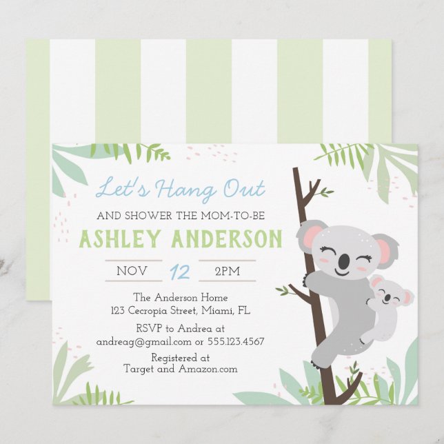Invitación de Baby Shower para bebé Koala (Anverso / Reverso)