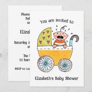 Invitación de baby shower para bebé lindo en coche