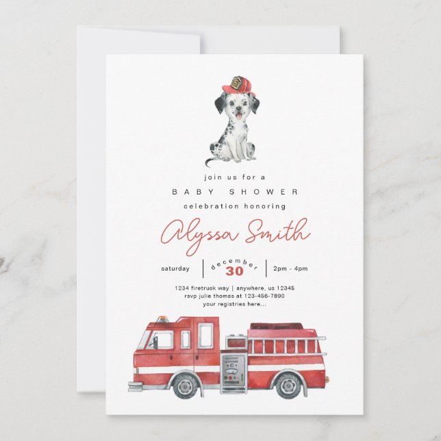 Invitación de Baby Shower para bomberos (Anverso)