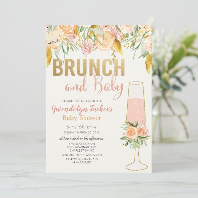 Invitación de baby shower para Brunch y Burbujas (Anverso de pie)