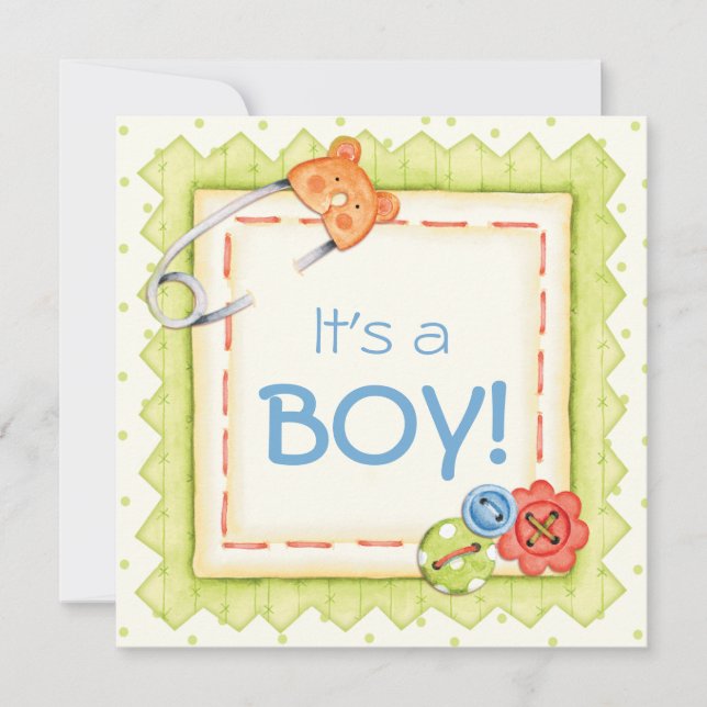 Invitación de Baby Shower para chicos, botones y o (Anverso)