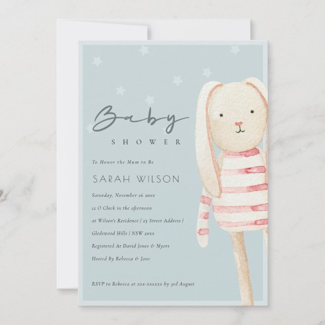 Invitación de Baby Shower para conejito rosa gris  (Anverso)