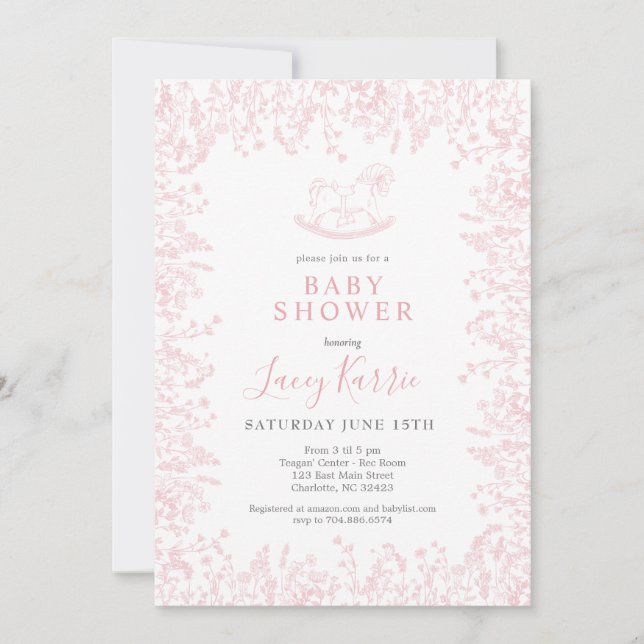 invitación de Baby Shower para el mecedor rosa (Anverso)