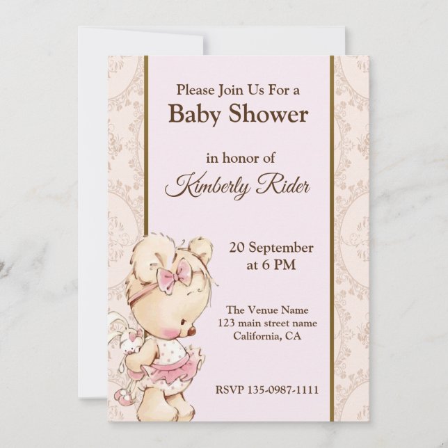 Invitación de Baby Shower para el oso bebé lindo (Anverso)