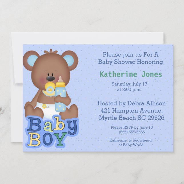 Invitación de Baby Shower para el oso bebé lindo (Anverso)