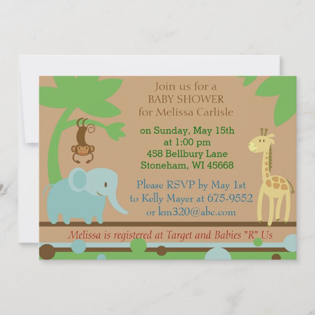 Invitación de Baby Shower para el tema de la jungl (Anverso)