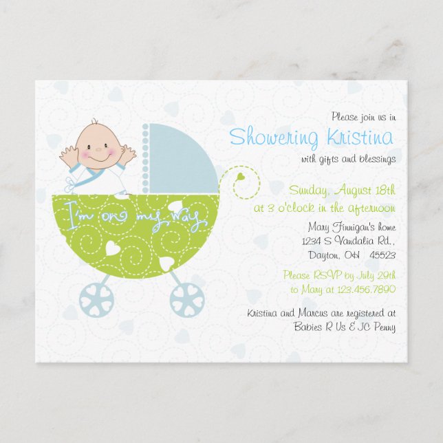 Invitación de Baby Shower para el transporte azul  (Anverso)