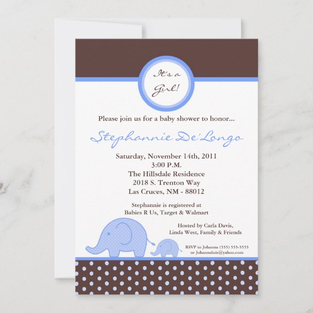 Invitación de Baby Shower para elefantes Blue Boy  (Anverso)