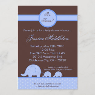Invitación de Baby Shower para elefantes mellizos
