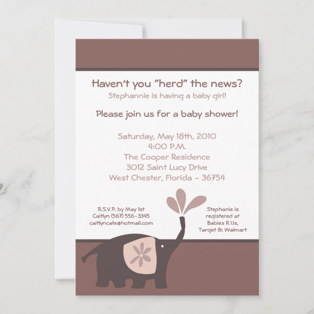 Invitación de Baby Shower para elefantes púrpura 5 (Anverso)