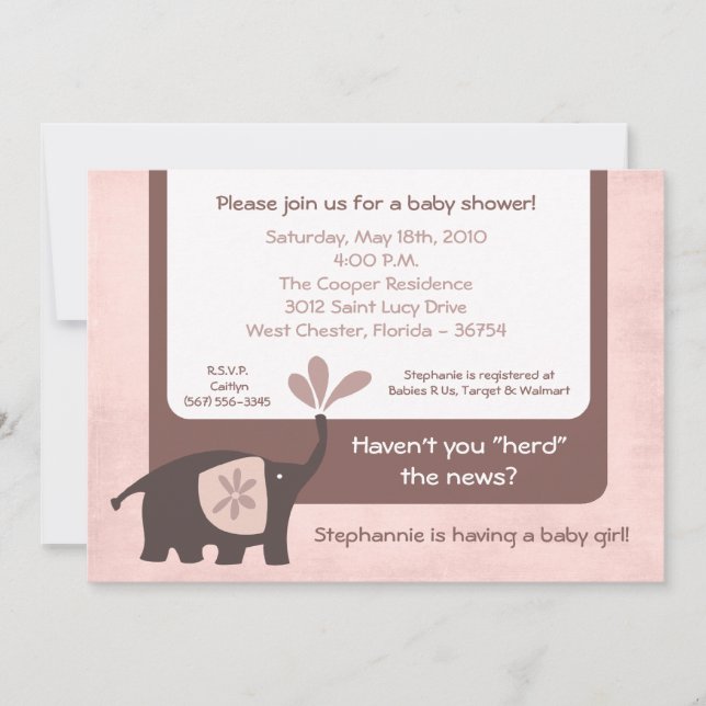 Invitación de Baby Shower para elefantes púrpura 5 (Anverso)