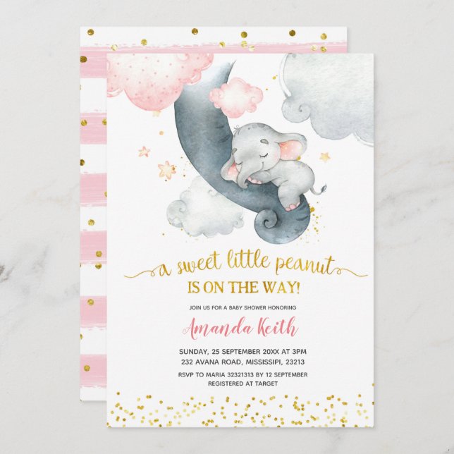 Invitación de Baby Shower para elefantes rosas (Anverso / Reverso)