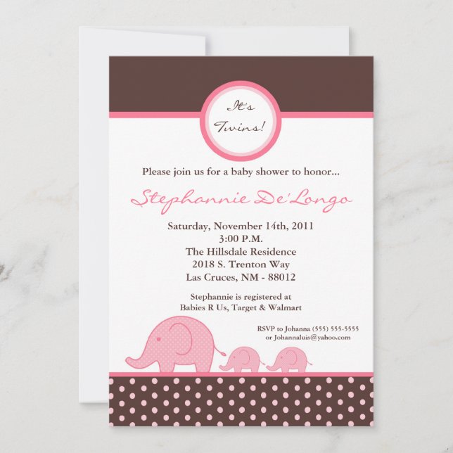 Invitación de Baby Shower para elefantes rosas de  (Anverso)