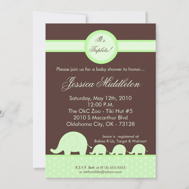 Invitación de Baby Shower para elefantes verde tri (Anverso)
