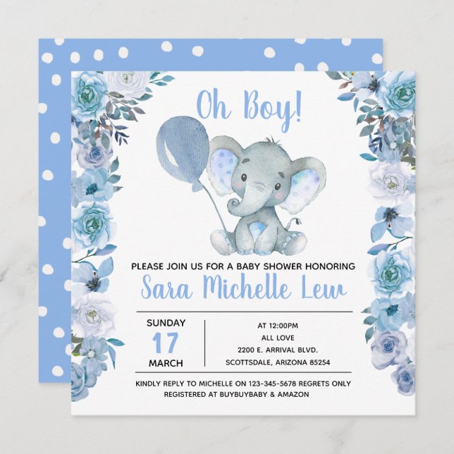 Invitación de Baby Shower para Elephant Watercolor (Anverso / Reverso)
